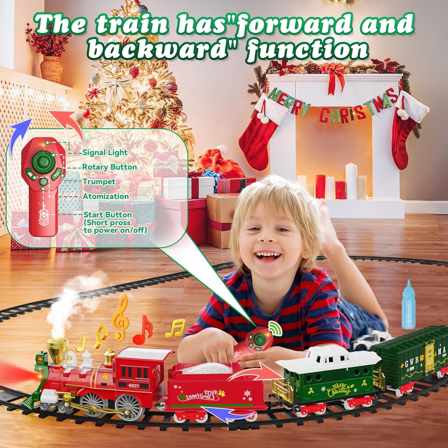 Hot Bee Christmas Train Set with Remote Control Train Toys w/Smoke, Lights & Sound, Christmas Train Sets for Around The Tree, Toy Train for Kids Train Set for 3 4 5 6 7+ Years Old Boys Gifts
