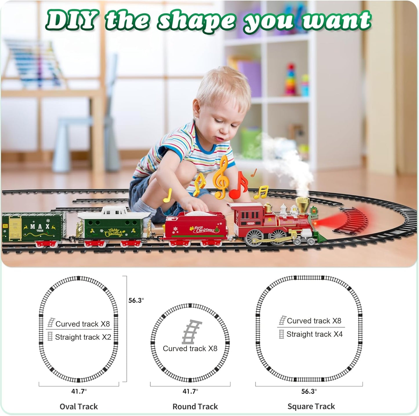 Hot Bee Christmas Train Set with Remote Control Train Toys w/Smoke, Lights & Sound, Christmas Train Sets for Around The Tree, Toy Train for Kids Train Set for 3 4 5 6 7+ Years Old Boys Gifts