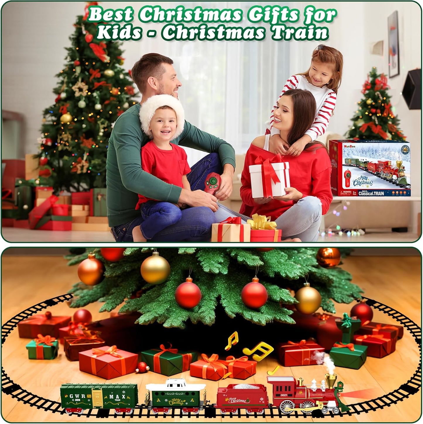 Hot Bee Christmas Train Set with Remote Control Train Toys w/Smoke, Lights & Sound, Christmas Train Sets for Around The Tree, Toy Train for Kids Train Set for 3 4 5 6 7+ Years Old Boys Gifts