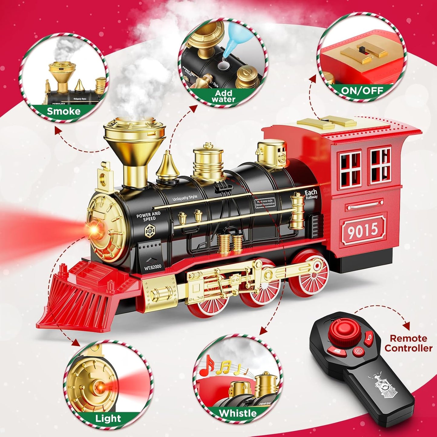 Hot Bee Remote Control Train Locomotive, Train Steam Engine Toy w/Smoke, Lights & Sounds, Christmas Trains Toys Gifts for 3 4 5 6 7 8+ Years Old Kids