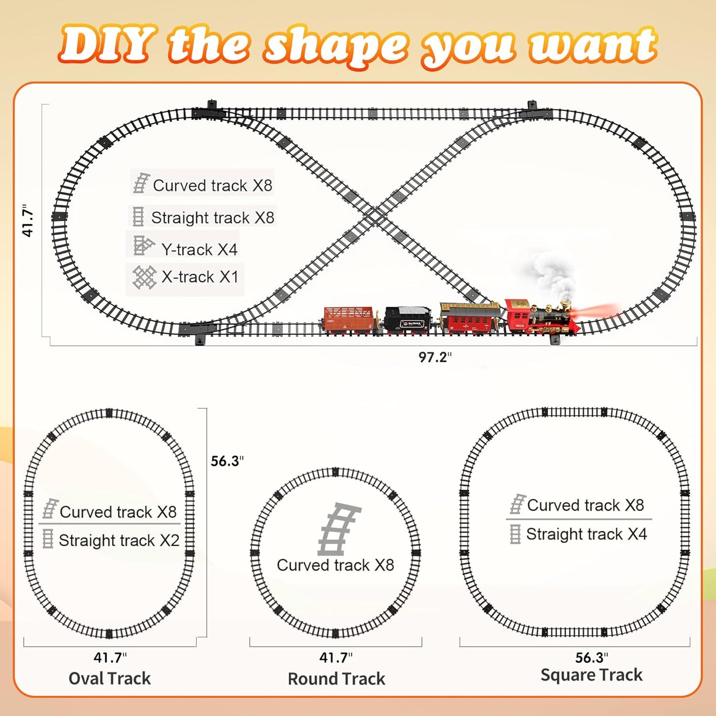 Hot Bee Train Set, Remote Control Train Toys with Luxury Tracks, Christmas Train Sets for Around the Tree,Toy Train with Smokes, Lights & Sound,Model Train Set for 3 4 5 6 7+ Years Old Boys Gifts Kids