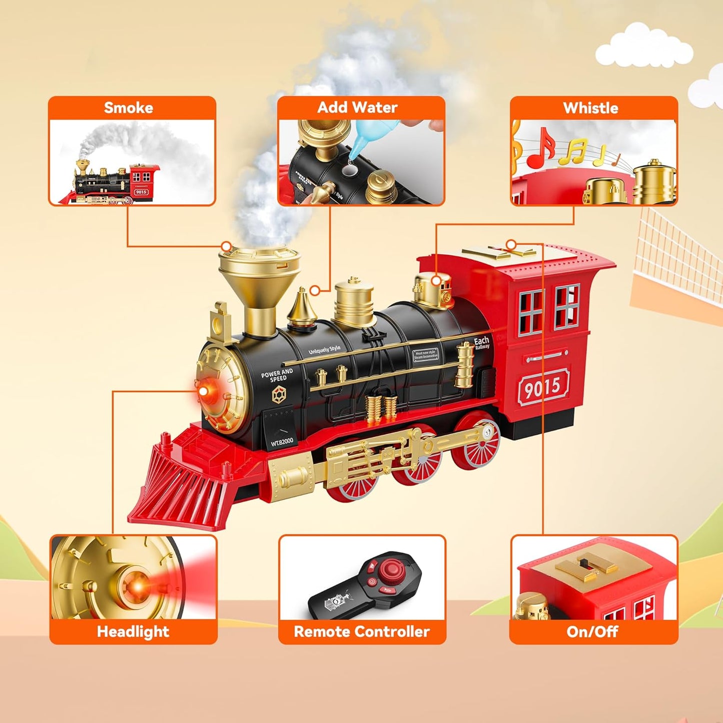 Hot Bee Train Set, Remote Control Train Toys with Luxury Tracks, Christmas Train Sets for Around the Tree,Toy Train with Smokes, Lights & Sound,Model Train Set for 3 4 5 6 7+ Years Old Boys Gifts Kids