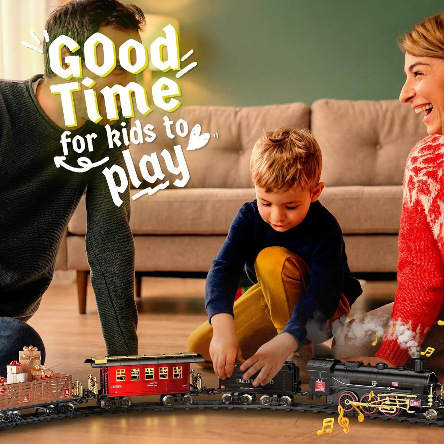 Hot Bee Train Set - Alloy Train Toys for Boys w/Glowing Carriage & Silent, Toy Train w/Smokes, Lights & Sound, Christmas Tree Train w/Steam Locomotive, Model Trains for 3 4 5 6 7 8+ Years Old Kids
