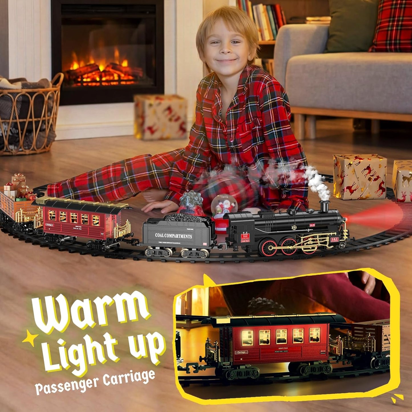 Hot Bee Train Set - Alloy Train Toys for Boys w/Glowing Carriage & Silent, Toy Train w/Smokes, Lights & Sound, Christmas Tree Train w/Steam Locomotive, Model Trains for 3 4 5 6 7 8+ Years Old Kids