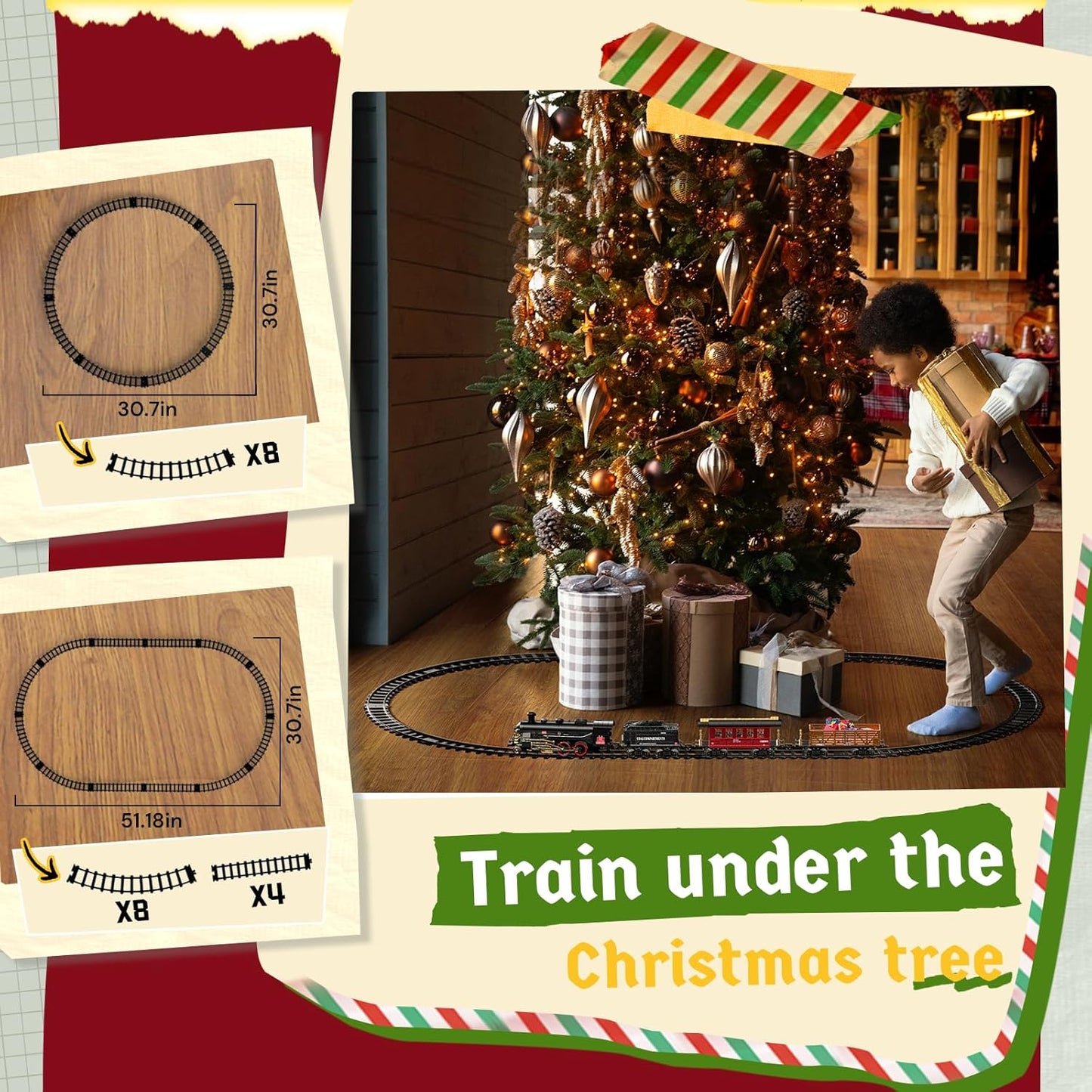 Hot Bee Train Set - Alloy Train Toys for Boys w/Glowing Carriage & Silent, Toy Train w/Smokes, Lights & Sound, Christmas Tree Train w/Steam Locomotive, Model Trains for 3 4 5 6 7 8+ Years Old Kids