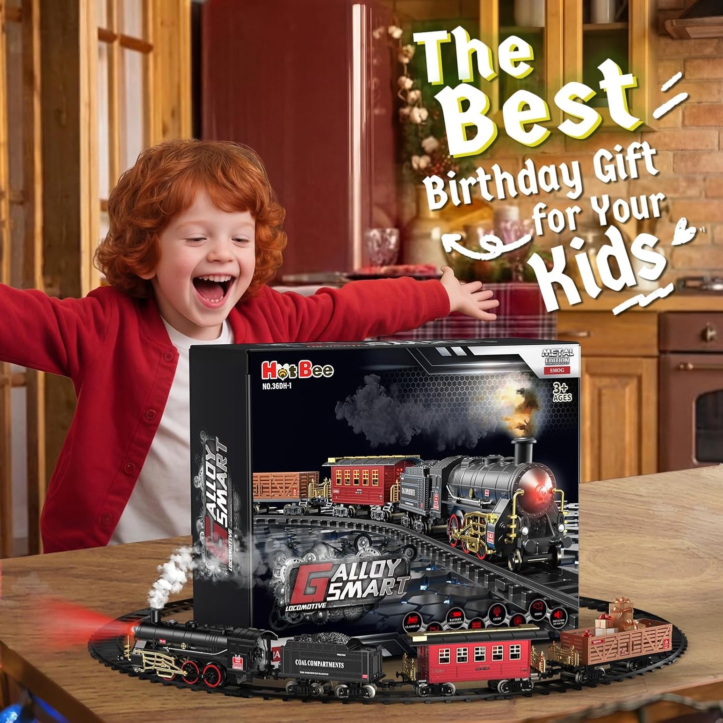 Hot Bee Train Set - Alloy Train Toys for Boys w/Glowing Carriage & Silent, Toy Train w/Smokes, Lights & Sound, Christmas Tree Train w/Steam Locomotive, Model Trains for 3 4 5 6 7 8+ Years Old Kids