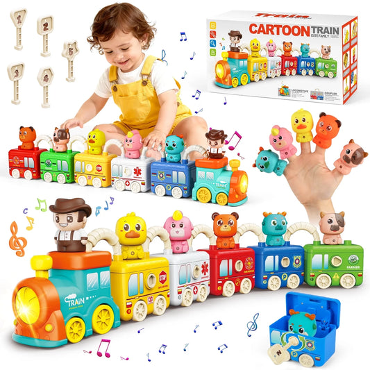 Montessori Train Toy with Lights & Music, 5-in-1 Vehicle Set w/ Keys, Numbers & Shapes Matching, Finger Puppet Animals&Stackable Cars, Educational Toy Christmas Train Gift for Toddlers 2-5