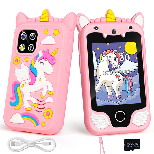 Kids Unicorn Smart Phone Toy, Learning Phone with Dual Camera, 20 Apps, Music Player, Games, 8 GB SD Card & Lanyard, Educational Gift for Girls Boys Ages 3-6