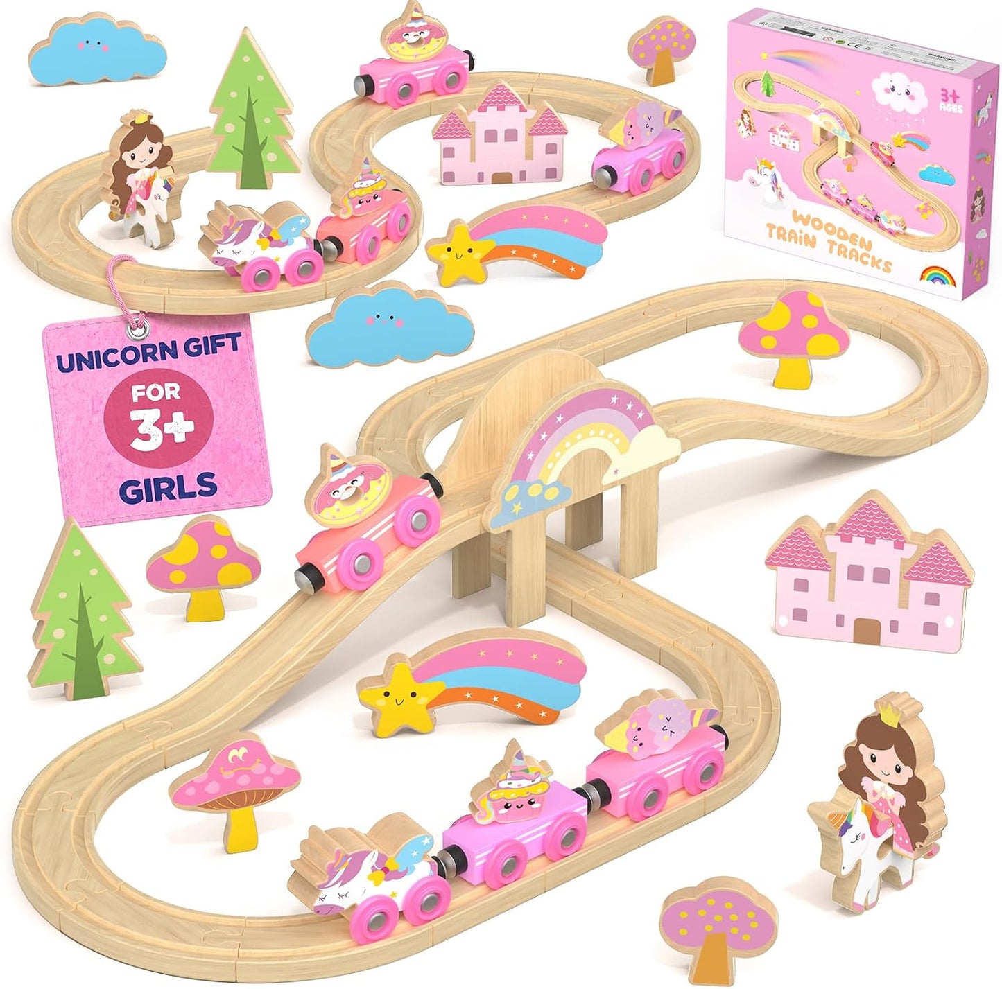 Hot Bee Wooden Train Set for Girls, 38Pcs Pink Unicorn Wood Train Track Set | Compatible with Most Wooden Train Tracks, Pink Fairy & Unicorn Theme, Easy Layouts, Fine Motor Play, Birthday Gifts for Girls