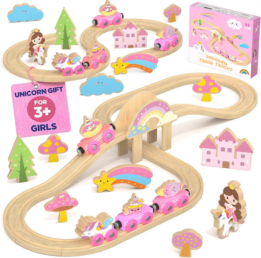 Hot Bee Wooden Train Set for Girls, 38Pcs Pink Unicorn Wood Train Track Set | Compatible with Most Wooden Train Tracks, Pink Fairy & Unicorn Theme, Easy Layouts, Fine Motor Play, Birthday Gifts for Girls