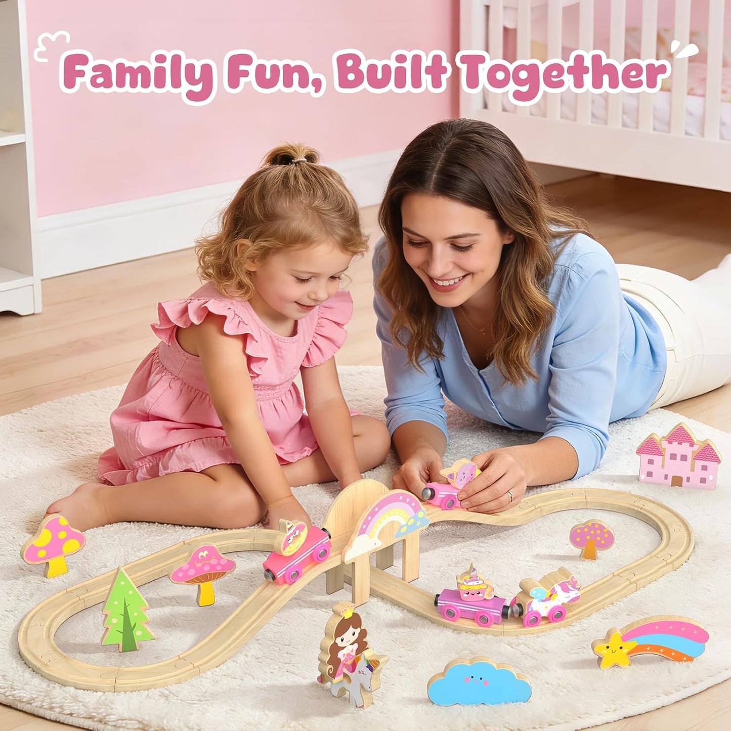 Hot Bee Wooden Train Set for Girls, 38Pcs Pink Unicorn Wood Train Track Set | Compatible with Most Wooden Train Tracks, Pink Fairy & Unicorn Theme, Easy Layouts, Fine Motor Play, Birthday Gifts for Girls