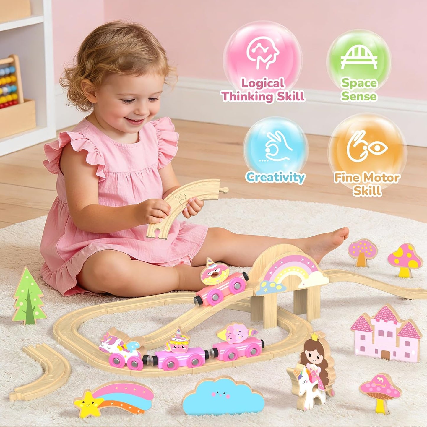Hot Bee Wooden Train Set for Girls, 38Pcs Pink Unicorn Wood Train Track Set | Compatible with Most Wooden Train Tracks, Pink Fairy & Unicorn Theme, Easy Layouts, Fine Motor Play, Birthday Gifts for Girls