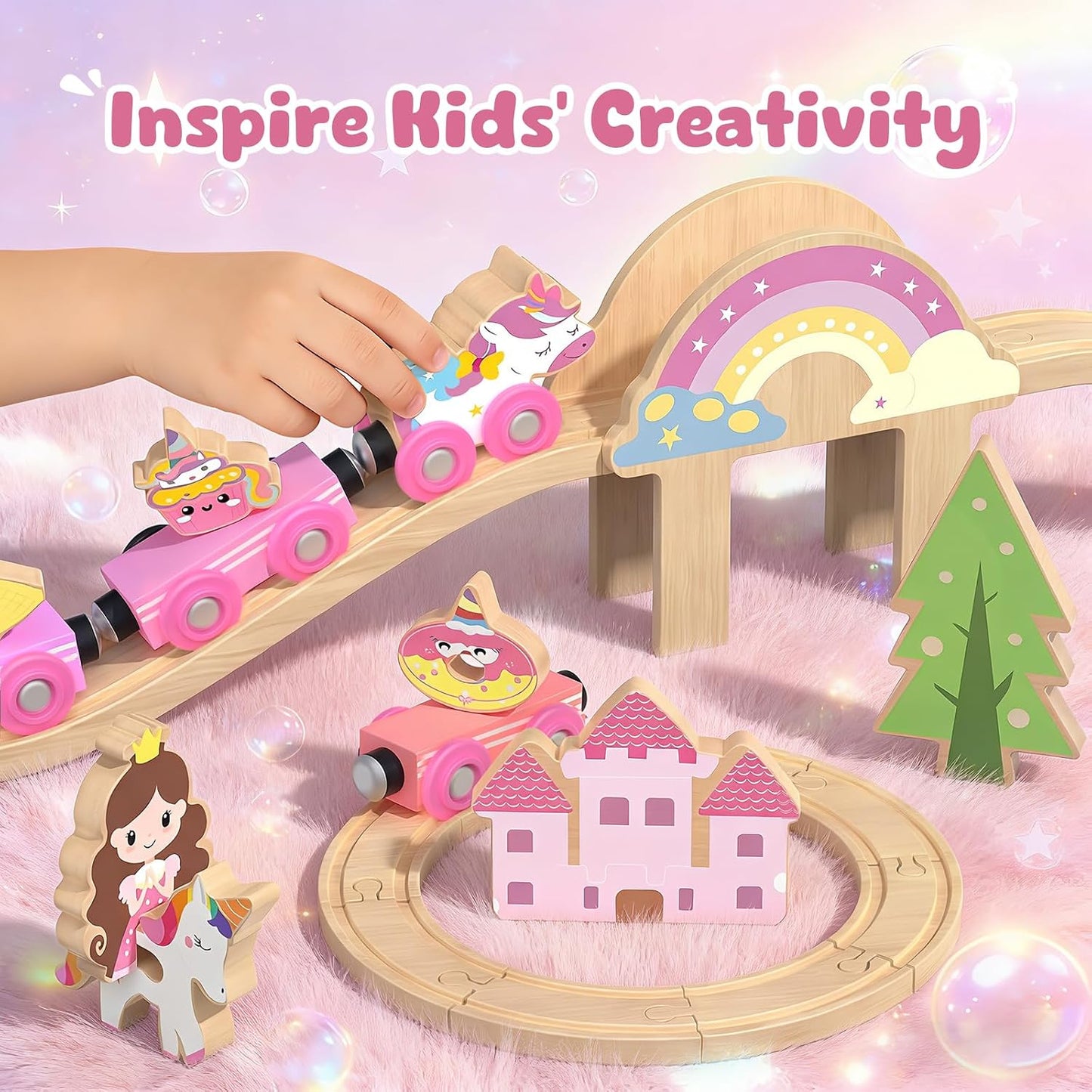 Hot Bee Wooden Train Set for Girls, 38Pcs Pink Unicorn Wood Train Track Set | Compatible with Most Wooden Train Tracks, Pink Fairy & Unicorn Theme, Easy Layouts, Fine Motor Play, Birthday Gifts for Girls