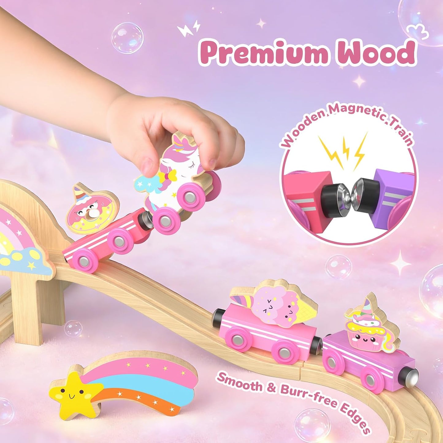 Hot Bee Wooden Train Set for Girls, 38Pcs Pink Unicorn Wood Train Track Set | Compatible with Most Wooden Train Tracks, Pink Fairy & Unicorn Theme, Easy Layouts, Fine Motor Play, Birthday Gifts for Girls