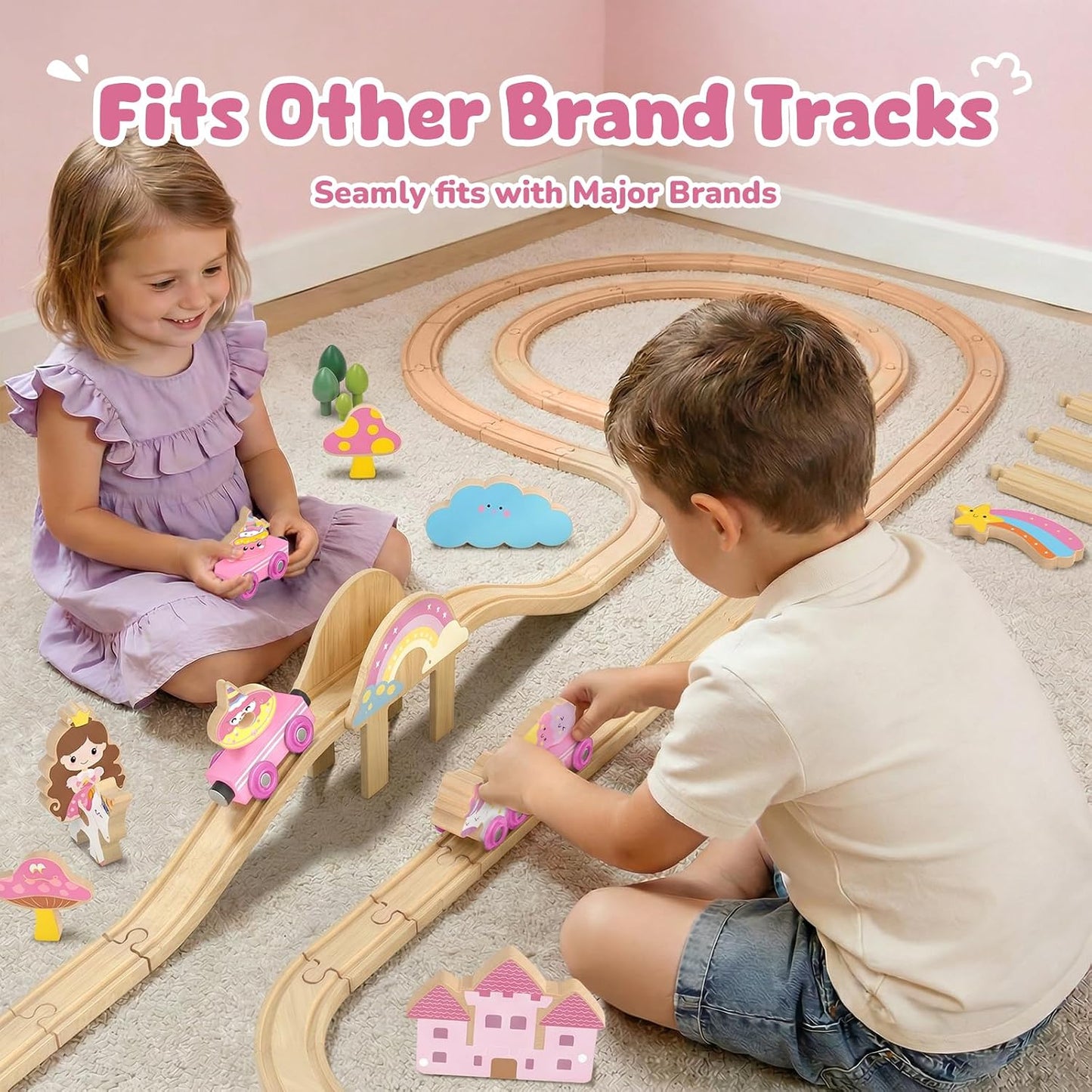 Hot Bee Wooden Train Set for Girls, 38Pcs Pink Unicorn Wood Train Track Set | Compatible with Most Wooden Train Tracks, Pink Fairy & Unicorn Theme, Easy Layouts, Fine Motor Play, Birthday Gifts for Girls