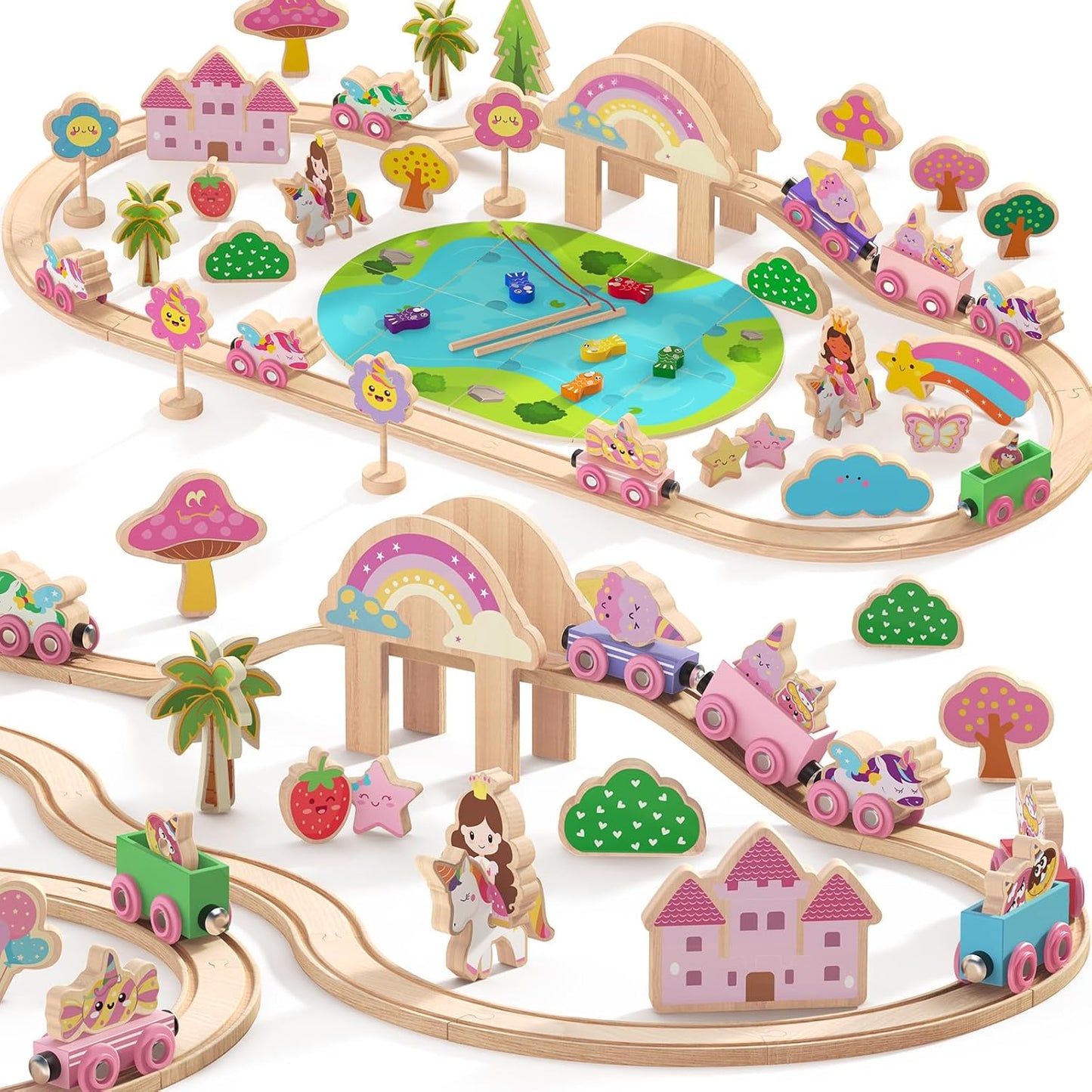 Hot Bee 2-in-1 Wooden Train Set, 110pcs Toy Train Track Set for Girls | Combines Train Playset & Magnetic Fishing, Compatible with Most Wooden Tracks, Pink Fairy Unicorn Theme, Girls Birthday Gifts