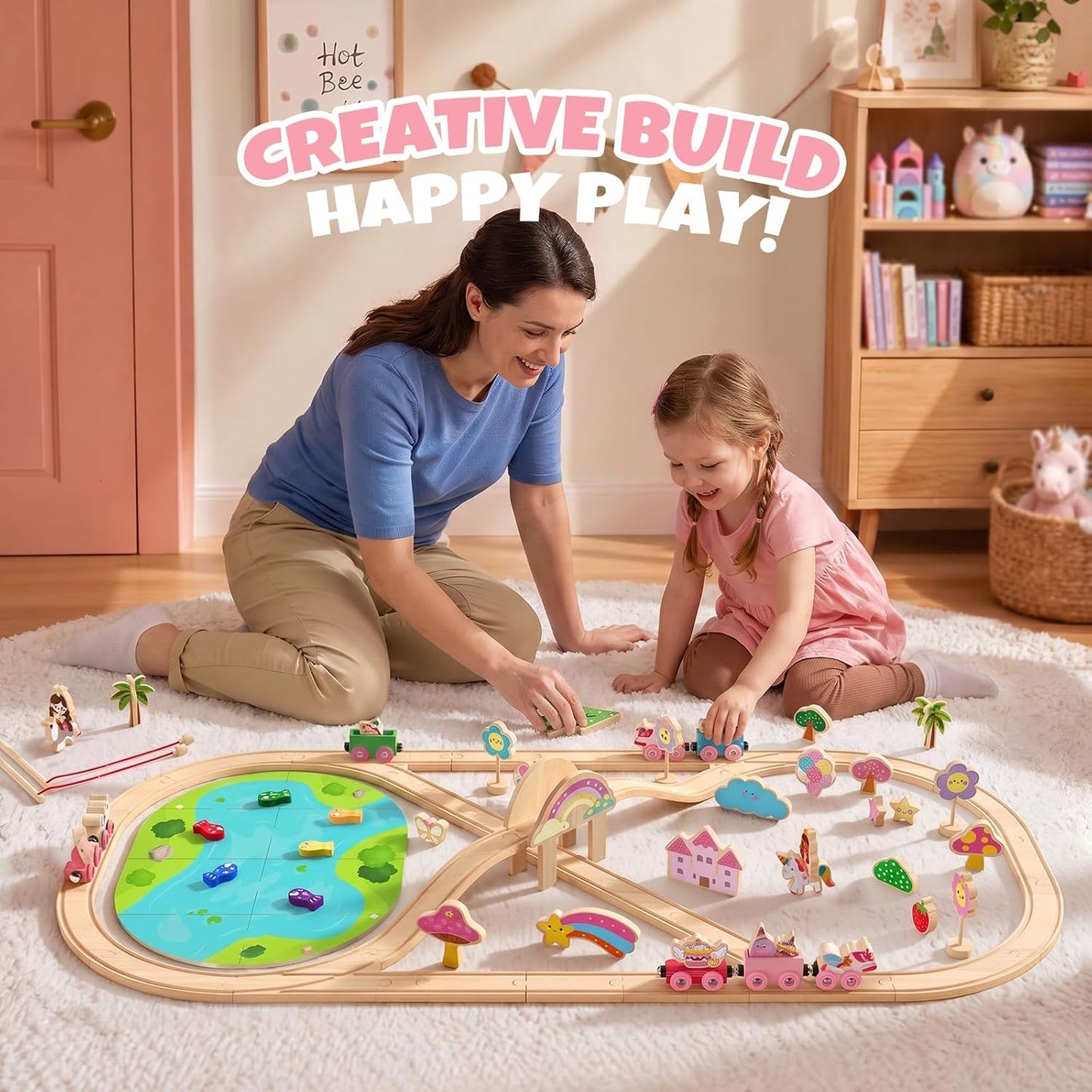 Hot Bee 2-in-1 Wooden Train Set, 110pcs Toy Train Track Set for Girls | Combines Train Playset & Magnetic Fishing, Compatible with Most Wooden Tracks, Pink Fairy Unicorn Theme, Girls Birthday Gifts