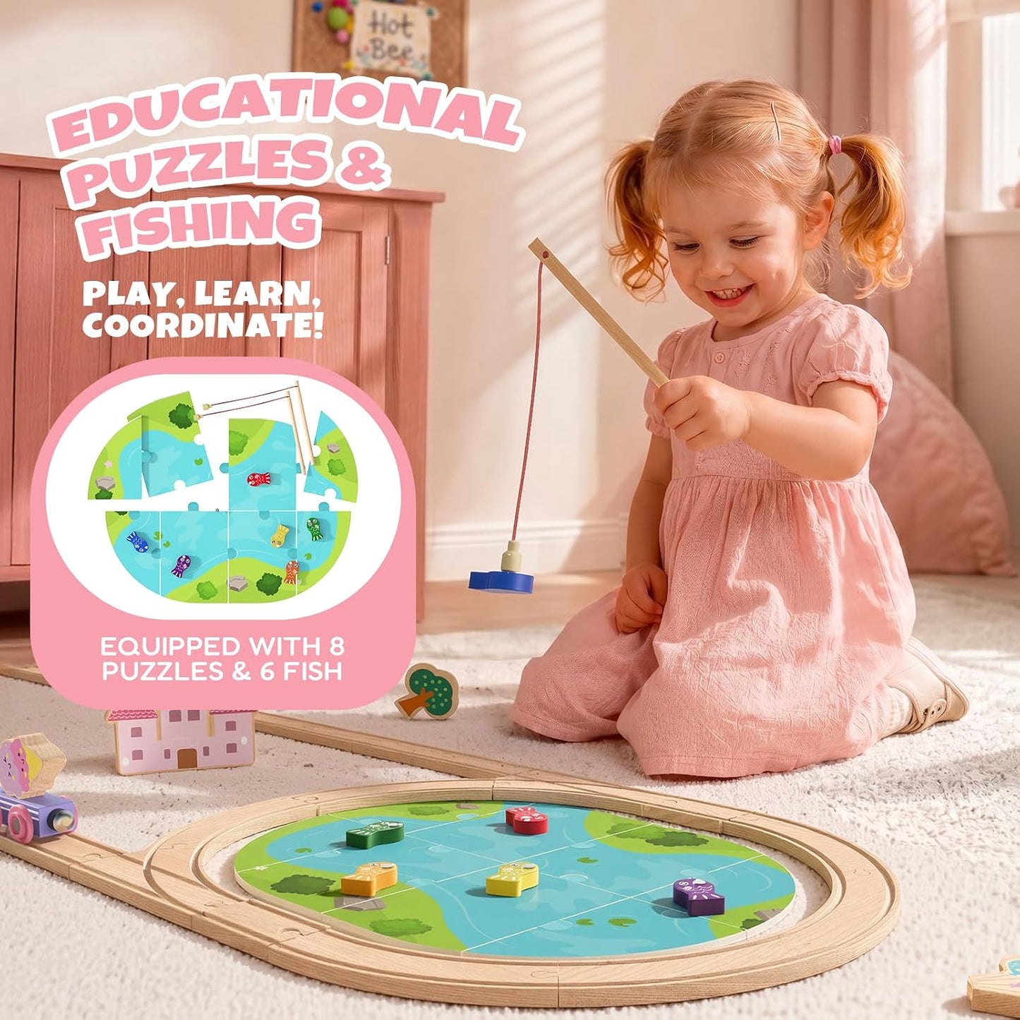 Hot Bee 2-in-1 Wooden Train Set, 110pcs Toy Train Track Set for Girls | Combines Train Playset & Magnetic Fishing, Compatible with Most Wooden Tracks, Pink Fairy Unicorn Theme, Girls Birthday Gifts