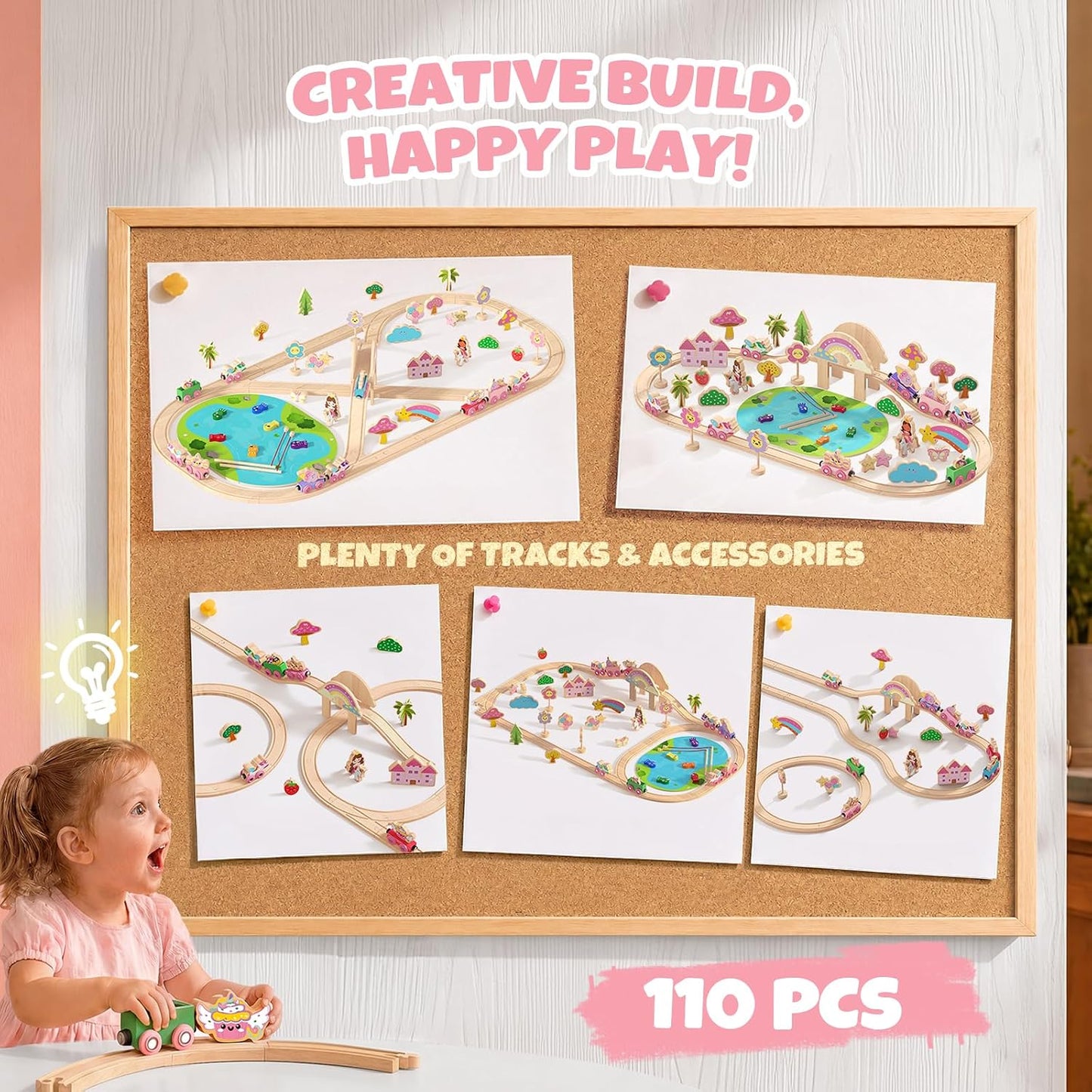 Hot Bee 2-in-1 Wooden Train Set, 110pcs Toy Train Track Set for Girls | Combines Train Playset & Magnetic Fishing, Compatible with Most Wooden Tracks, Pink Fairy Unicorn Theme, Girls Birthday Gifts