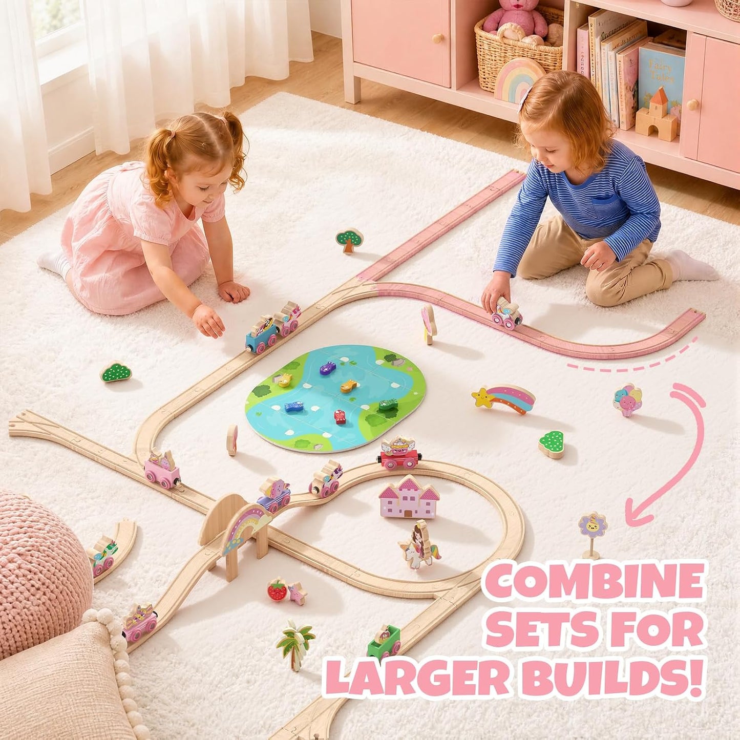 Hot Bee 2-in-1 Wooden Train Set, 110pcs Toy Train Track Set for Girls | Combines Train Playset & Magnetic Fishing, Compatible with Most Wooden Tracks, Pink Fairy Unicorn Theme, Girls Birthday Gifts