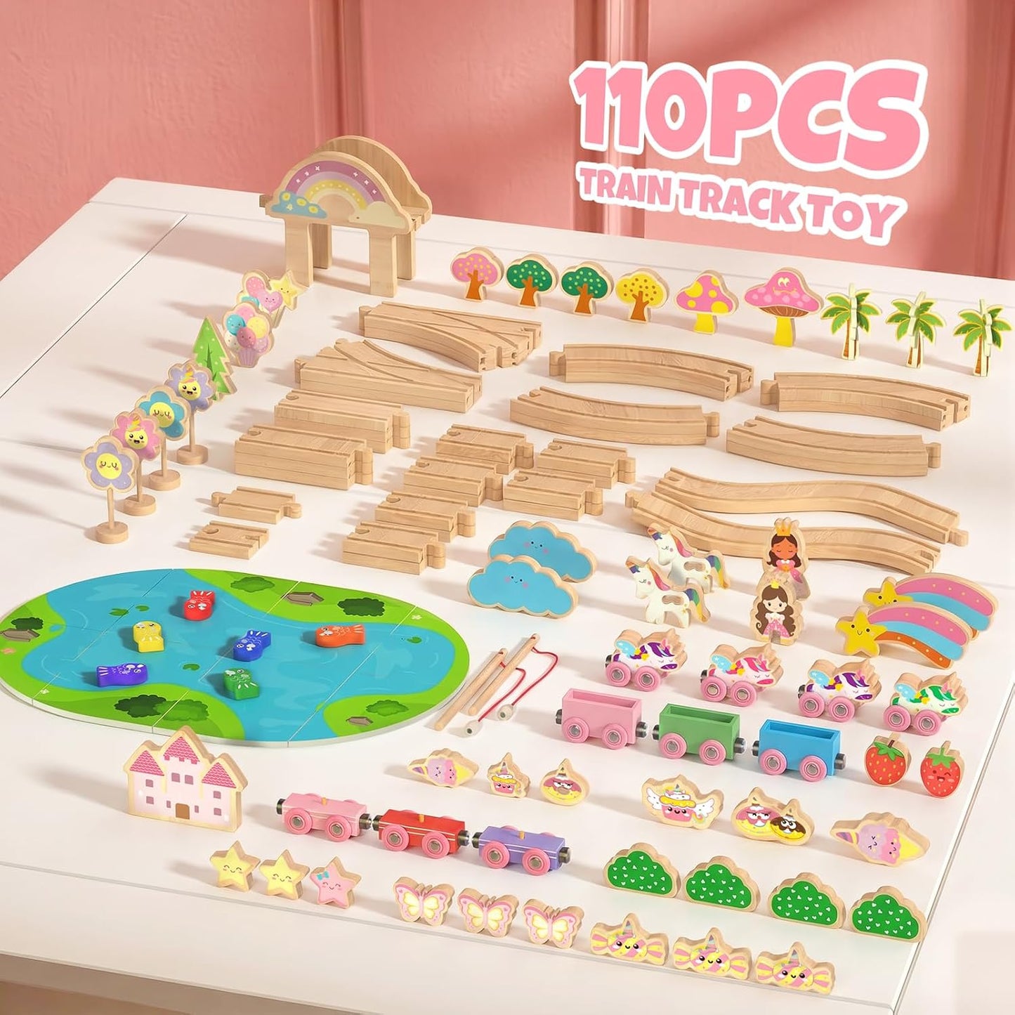 Hot Bee 2-in-1 Wooden Train Set, 110pcs Toy Train Track Set for Girls | Combines Train Playset & Magnetic Fishing, Compatible with Most Wooden Tracks, Pink Fairy Unicorn Theme, Girls Birthday Gifts