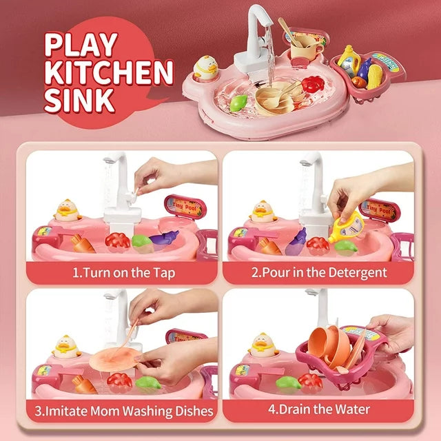 Play Kitchen Sink Toys for Girls 3-6 Years, Kids Electric Dishwasher Playing Toy with Running Water,2 in 1 Fishing Pool Toys for Toddlers Girls 3 Years and Up