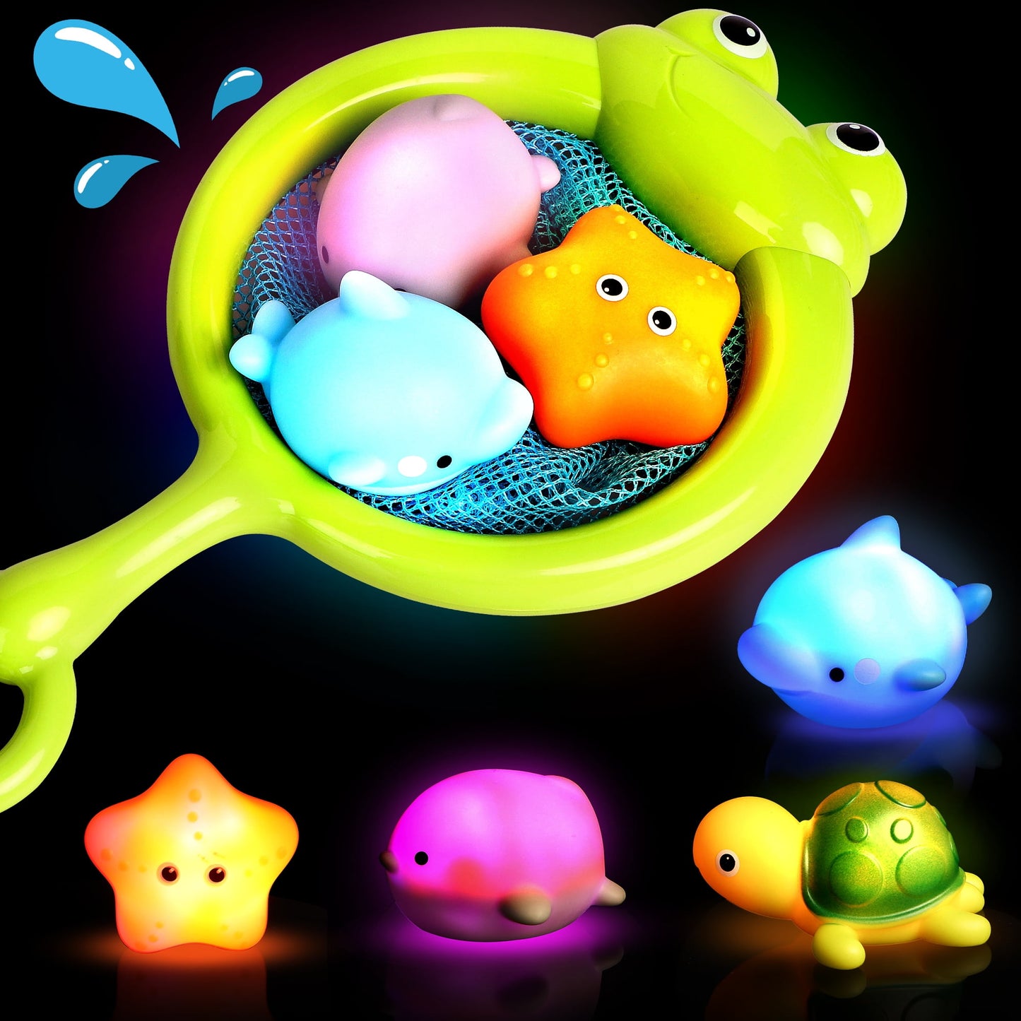 Bath Toys,4 Pcs Light Up Floating Rubber Animal Toys Set with Fishing net, Bathtub Tub Toy for Toddlers Baby Kids Infant Girls Boys