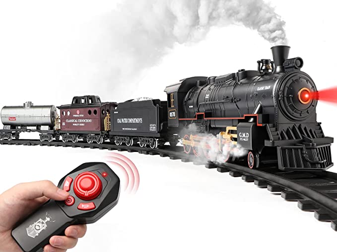 Remote Control Train Set Toys w/Steam Locomotive, Cargo Cars & Tracks,Trains w/Realistic Smoke,Sounds & Lights,Christmas Train Toys for 3-7+ Years Old Kids