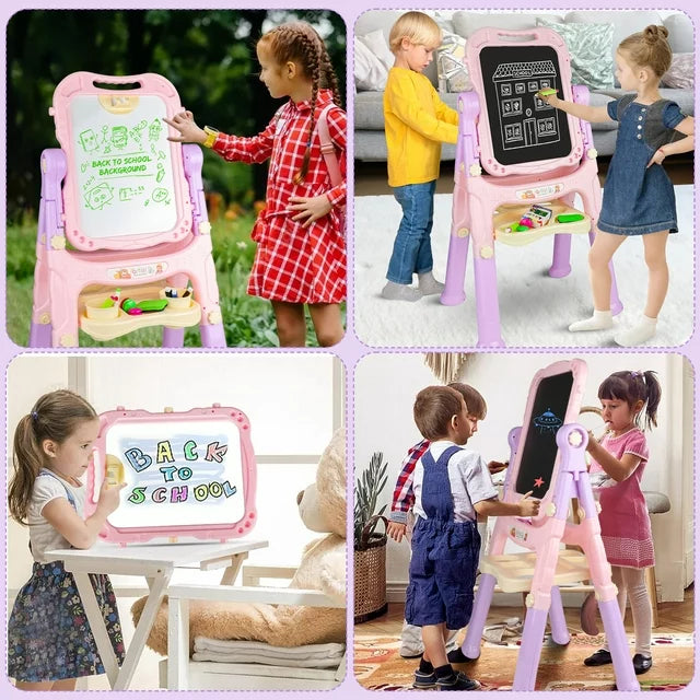 Art Easel for Kids 2-4, Double-side Standing Easel for Toddlers, Magnetic Drawing Board w/ Painting Accessories, Art Supplies Christmas Gifts for Little Boys Girls 3+, Middle Size Pink
