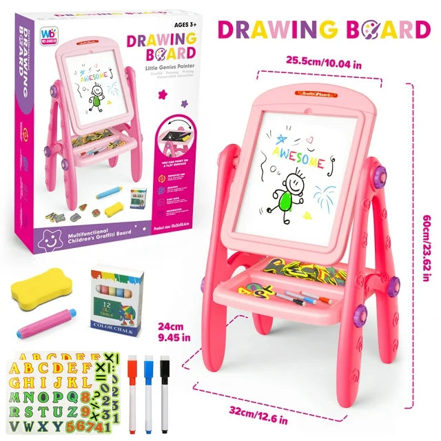 Art Easel for Kids Toddlers Girls Ages 3-6 ,Rotatable Drawing Board Standing, Double Sides with Whiteboard & Chalkboard, Birthday Christmas Gifts(Pink).
