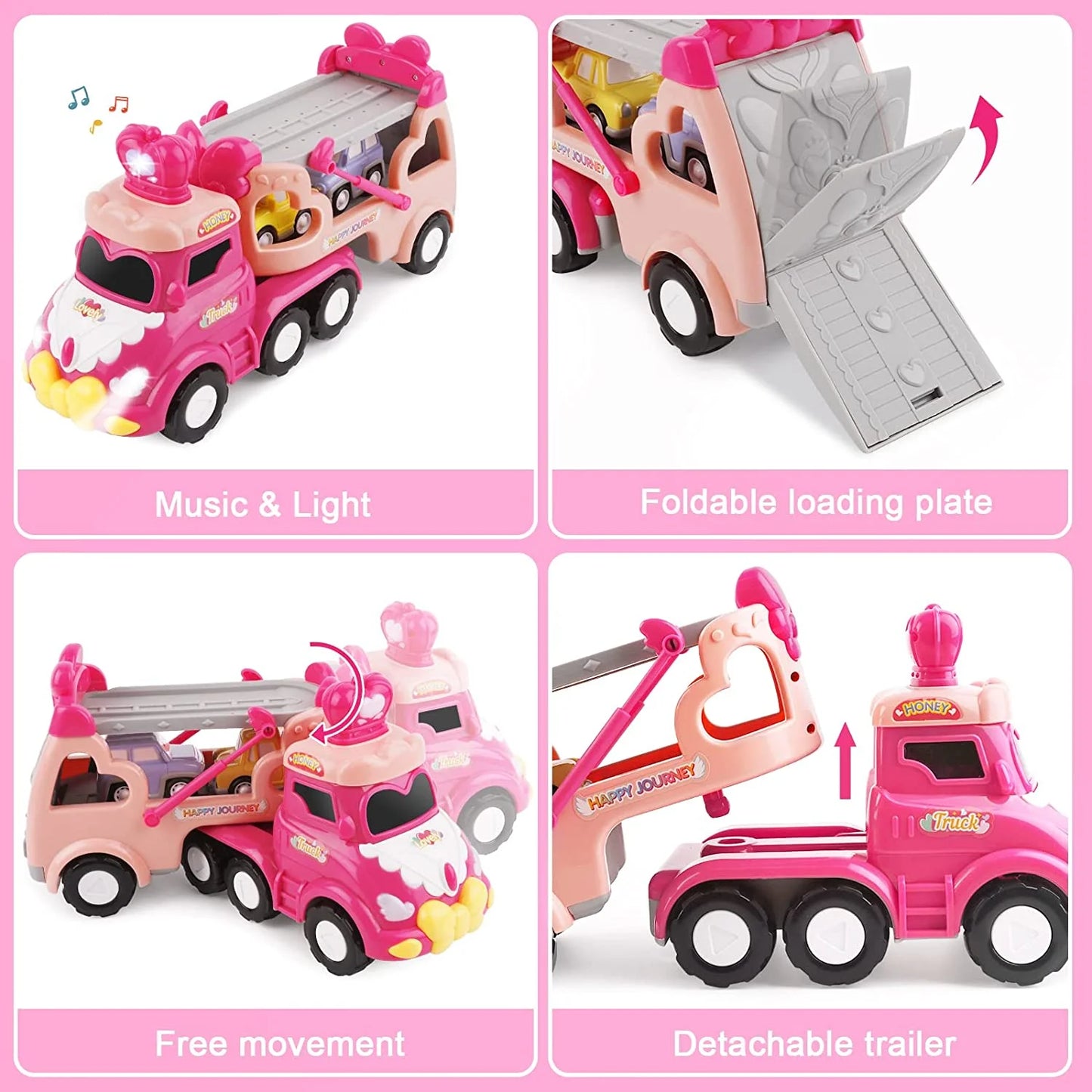 5 in 1 Carrier Car Toy Sets for Kids, Pink Princess Car Toys for Girls Toddlers Kids 2 3+, Child Play Birthday Gifts Christmas Gift Toys for Girls Party Favors