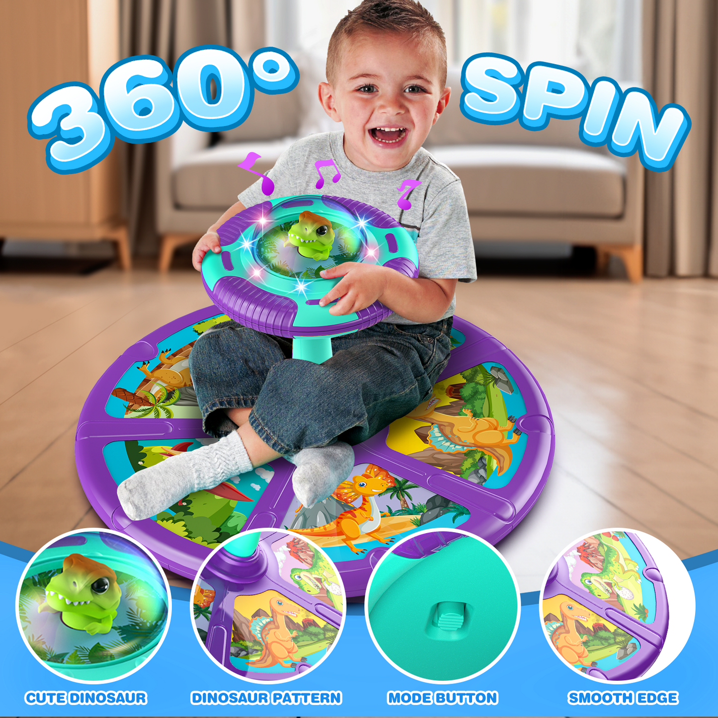 Dinosaur Sit and Spin Toys for Toddlers 2-4, 360° Spinning Seat Toy with Flash Light and Music, Christmad Birthday Gift Toys for Toddlers 1-3