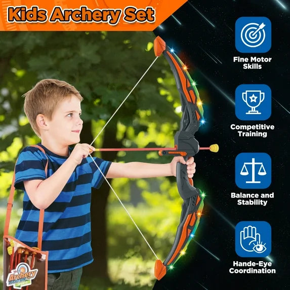 2-in-1 Archery & Foam Blaster Target Set for Kids, Indoor Outdoor Shooting Toys with LED Bow, Sticky Balls, Soft Darts, Gift for Boys Girls Ages 5-8
