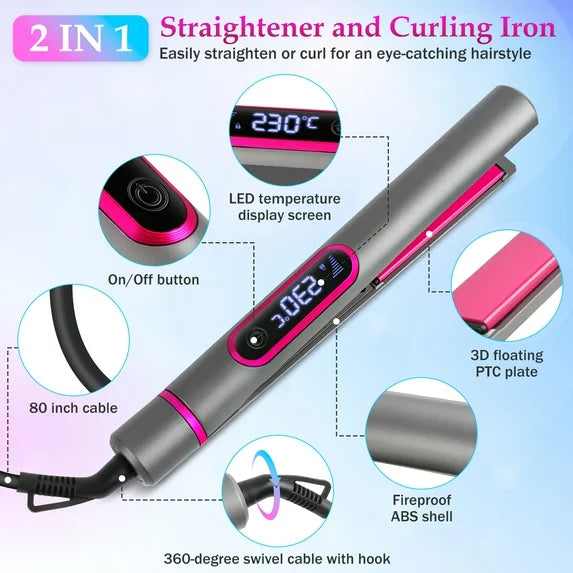 2 in 1 Hair Straightener & Curler with LED Display, 100-230°C Adjustable Temperature, Flat Iron with Lock Plate, 360° Rotating Cord, Heat Resistant Gloves & Anti-scalding Silicone Mat