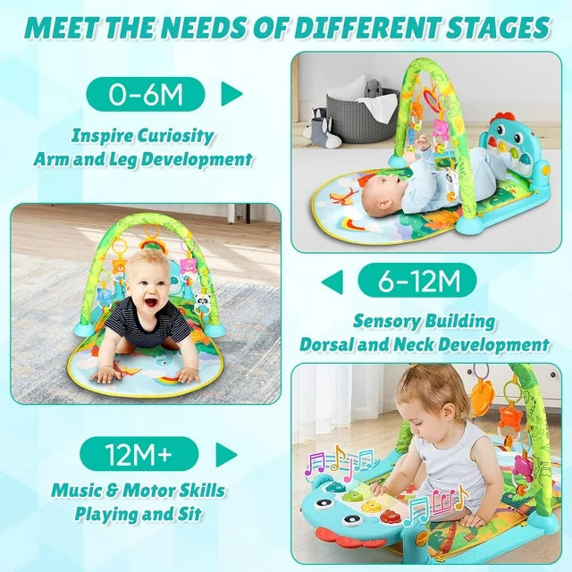 Musical Activity Baby Play Gym Mat, 2-in-1 Dinosaur Toys Foot Piano Fitness Game Mat, Tummy Time Mat Toys for 0-12 Months, Perfect Birthday Christmas Gift for Infants Boys Girls