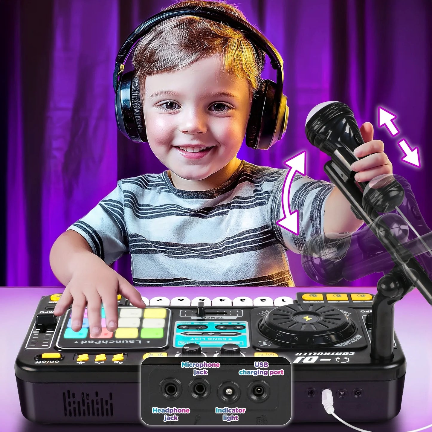 DJ Mixer for Kids with Microphone&Bluetooth, Light up DJ turntable with 12 MIDI, DJ Mixing Controller for Beginners, Musical Instruments Toys Birthday Christmas Gift for Boys&Girls 5 6 7+