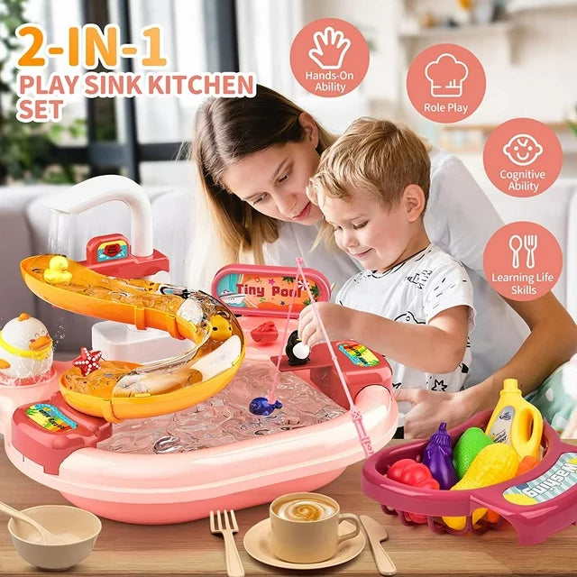 Play Kitchen Sink Toys for Girls 3-6 Years, Kids Electric Dishwasher Playing Toy with Running Water,2 in 1 Fishing Pool Toys for Toddlers Girls 3 Years and Up