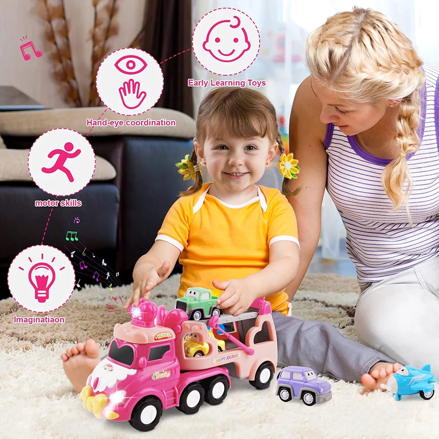 5 in 1 Carrier Car Toy Sets for Kids, Pink Princess Car Toys for Girls Toddlers Kids 2 3+, Child Play Birthday Gifts Christmas Gift Toys for Girls Party Favors