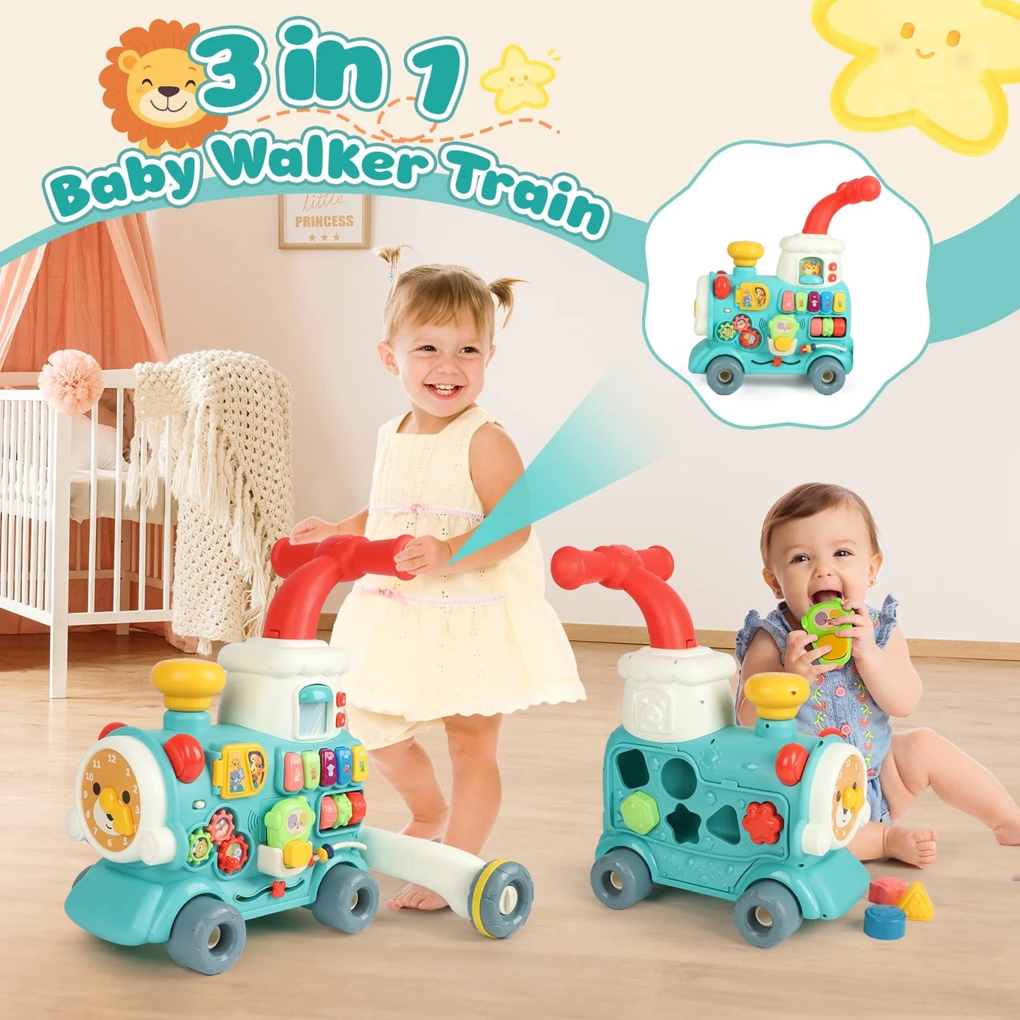 3 in 1 Baby Push Walker, Sit to Stand Baby Walker Steam Train, Montessori Learning Activity Center, Early Learning Toy Gift for Toddler Infant 12 Months+, Blue