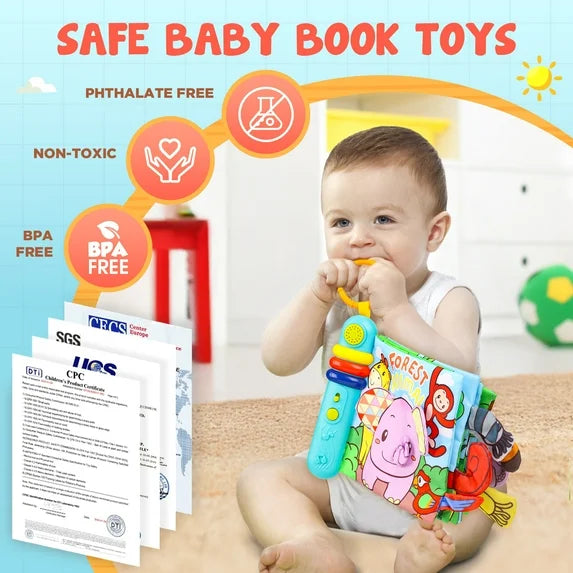 Musical Cloth Book Toy, Soft Crinkle Book with Animal Sounds & 3D Tails, Tummy Time Book Sensory Toy for Kids, Tear-Resistant Fabric, Girl Boy Easter Christmas