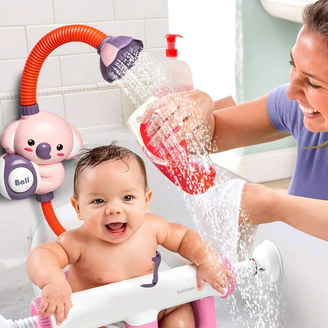 Baby Bath Toy Toddler Water Spray Shower Head, Bathtub Water Pump Cartoon Elephant Bath Toys for Infants Kids, Pink