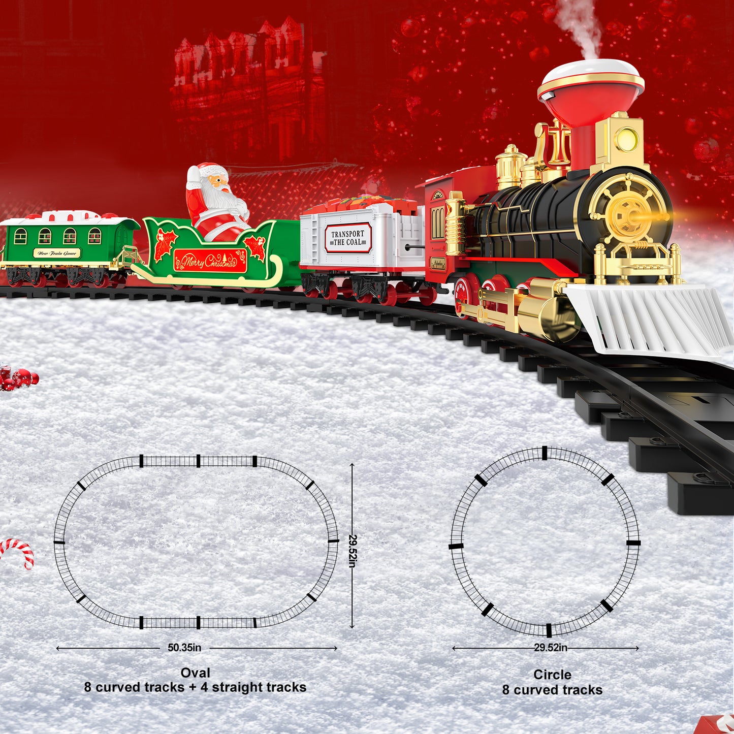 Christmas Electric Train Set Toy for Kids, Train with Smoke, Realistic Lights&Sounds, 4 Cars and Tracks Kits, Gifts for Boys Girls Age 3+
