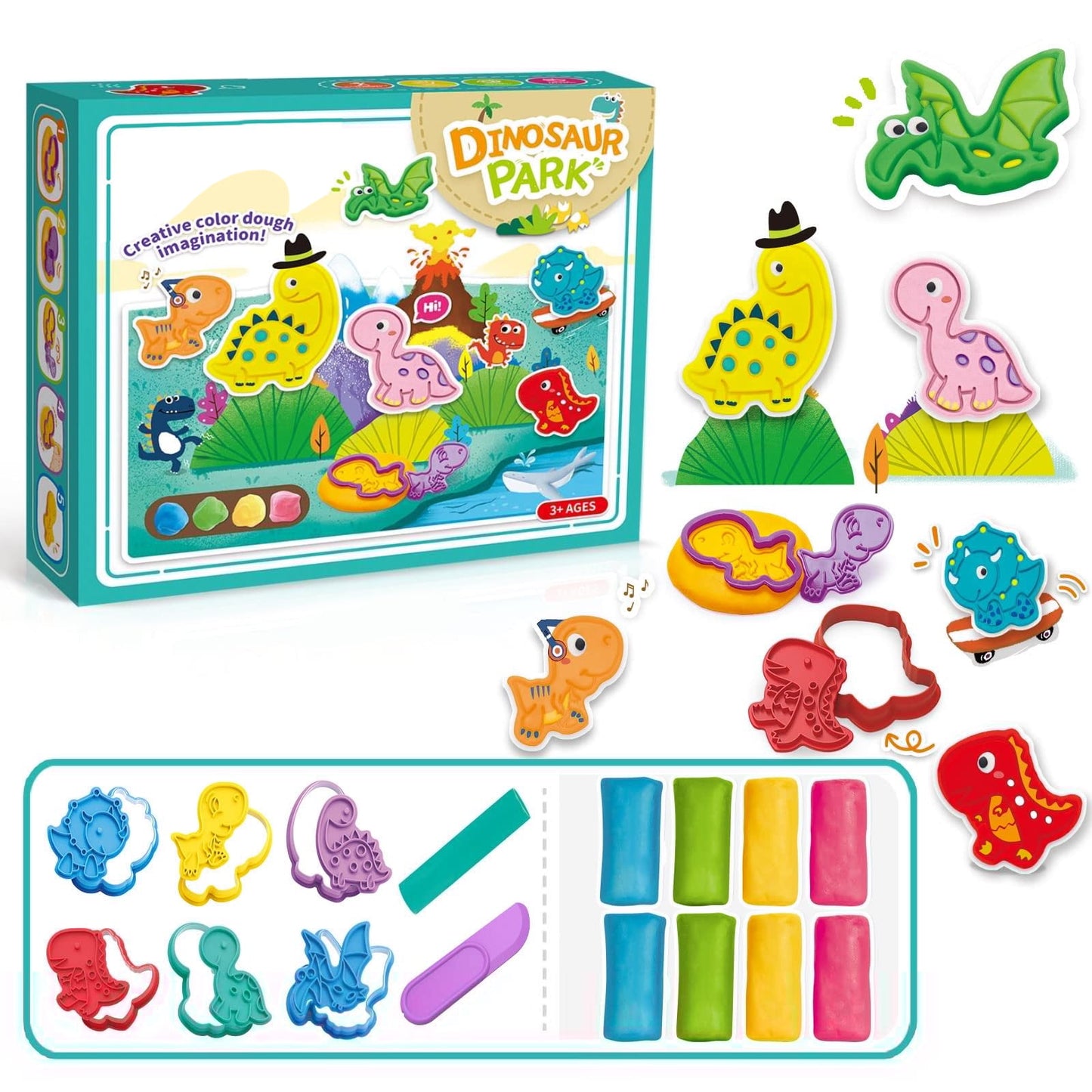 Color Play Dough Dinosaur World Creation Education Toys w/ Animals Pretend Playdough Sets for Kids