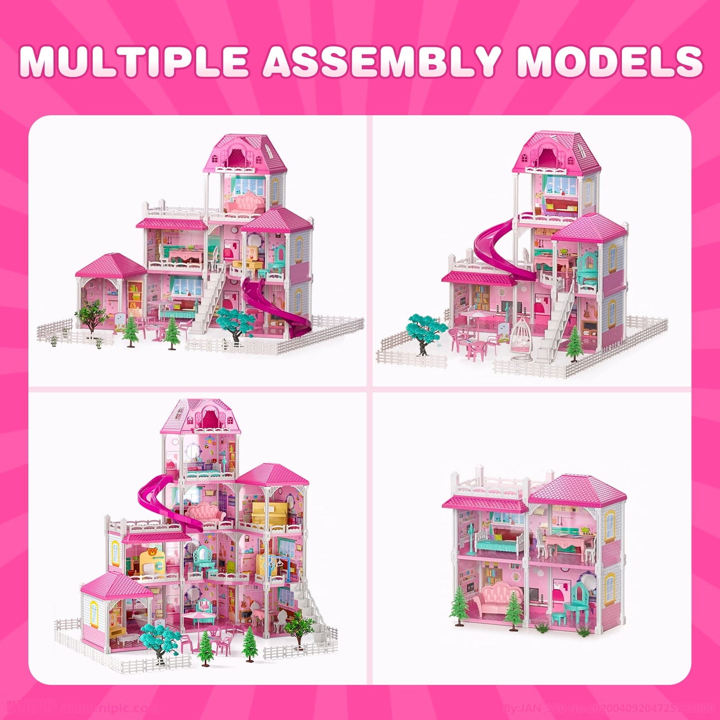 Dollhouse for Girls,4-Story 12 Rooms Playhouse with 2 Dolls Toy Figures,Pretend Dreamhouse with Accessories,Gift Toy for Kids Ages 3 4 5 6