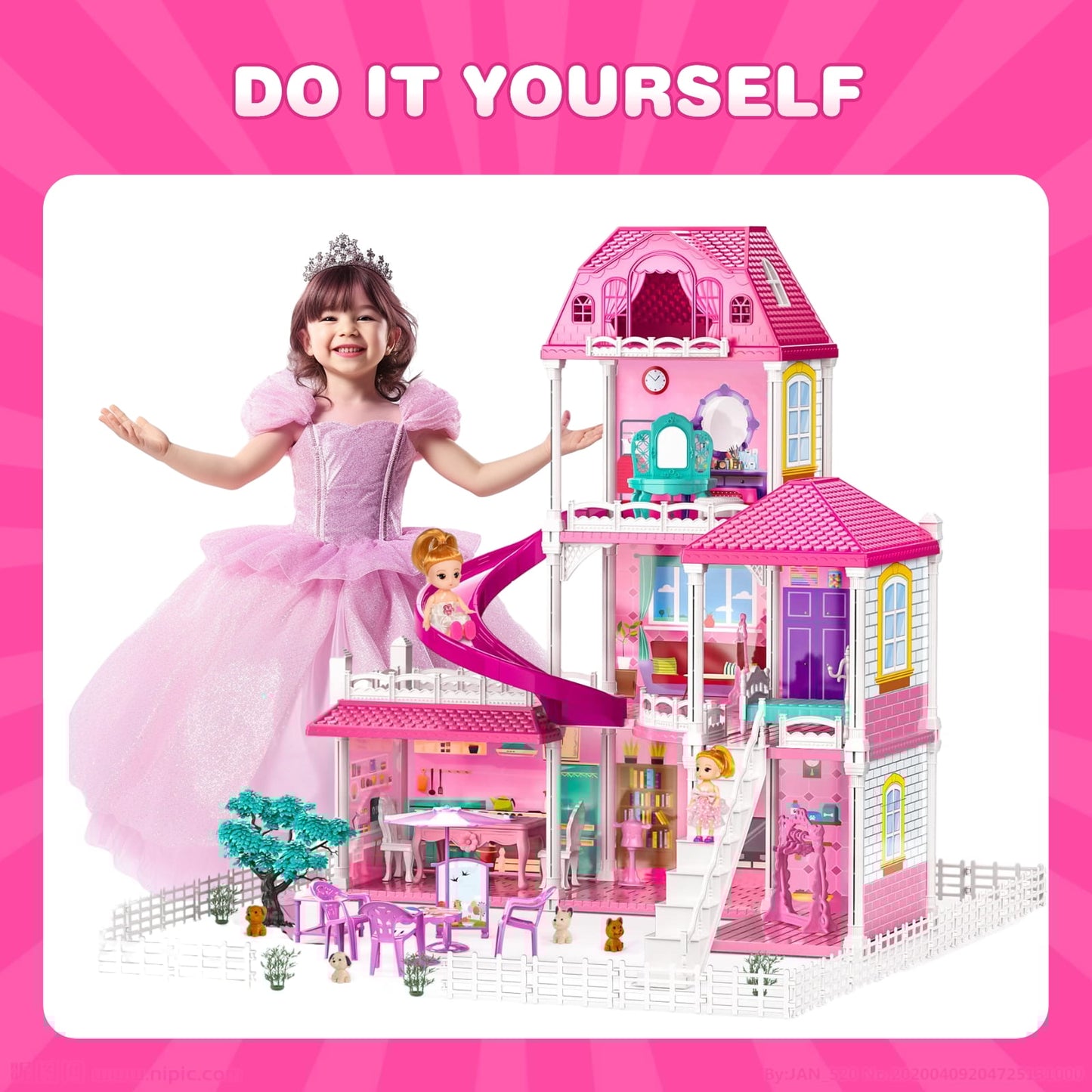Dollhouse for Girls,4-Story 12 Rooms Playhouse with 2 Dolls Toy Figures,Pretend Dreamhouse with Accessories,Gift Toy for Kids Ages 3 4 5 6