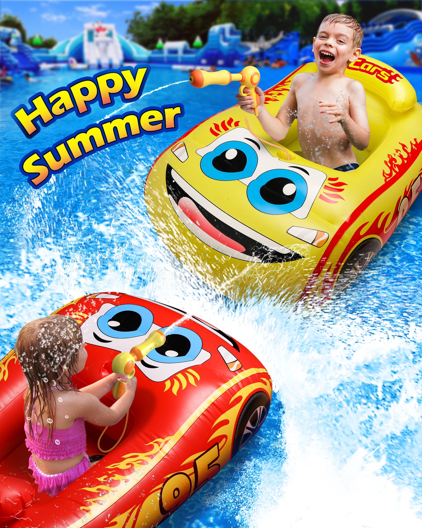 Inflatable Swimming Pool Float, Cute Car Boat Floats with Steering Wheel, Summer Outdoor Toys for Toddler Boys Girls Kids 1-3