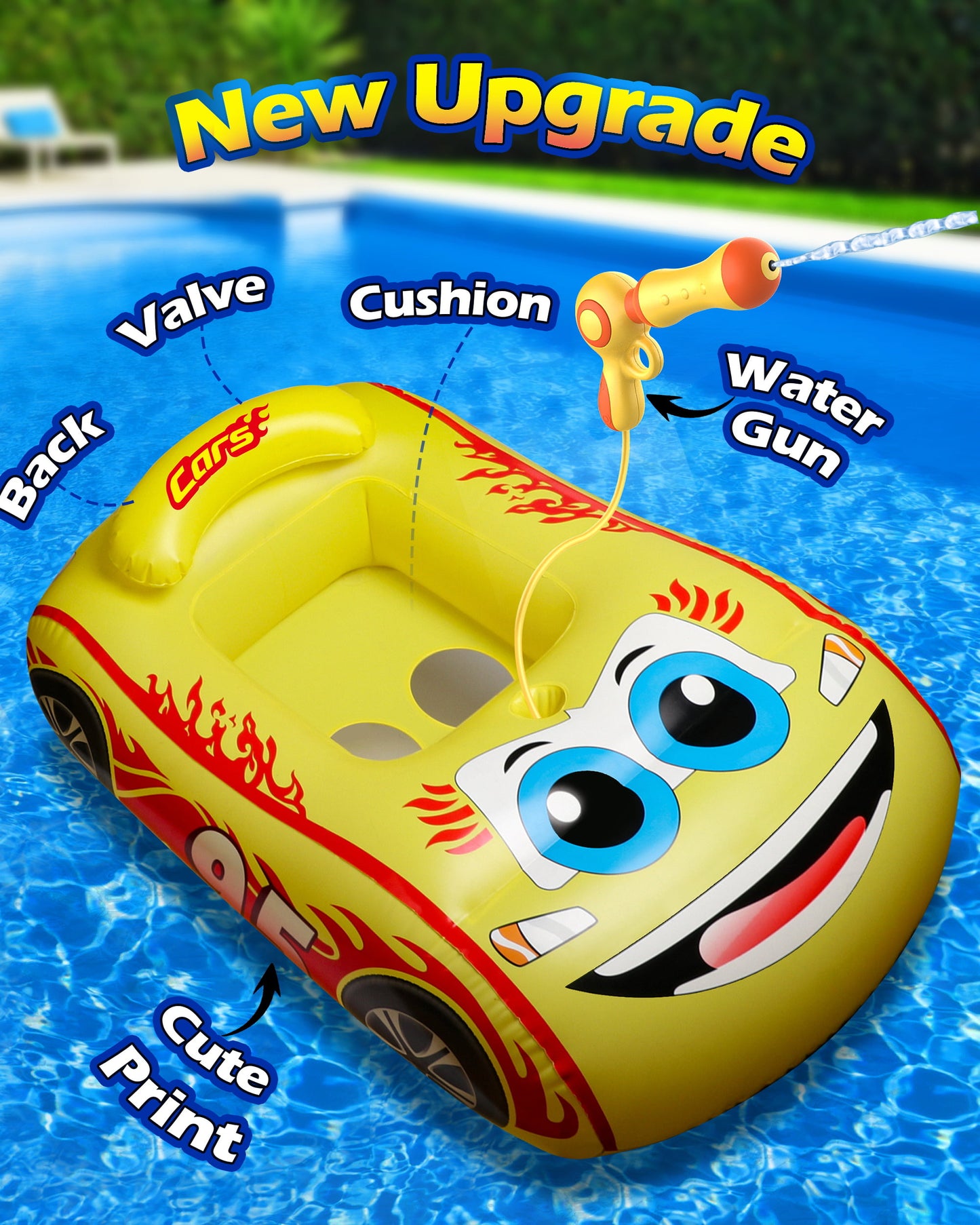 Inflatable Swimming Pool Float, Cute Car Boat Floats with Steering Wheel, Summer Outdoor Toys for Toddler Boys Girls Kids 1-3