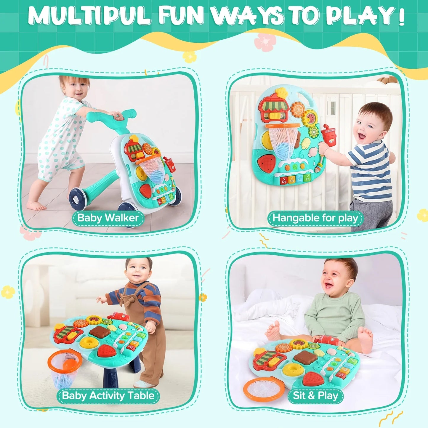 Sit-to-Stand Learning Walker, 2 in 1 Baby Walker and Activity Center, Baby Music Learning Toy, Birhday Christmas Gift for Infant Boys Girls 6 to 18 Months-Green