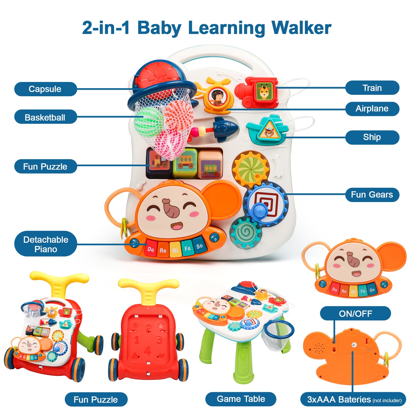 3-in-1 Baby Walker and Learning Table Center, Perfect Learning Toys Christmas Gift for Infants 6-12 Months, Early Development and Playtime for Girls Boys-Red