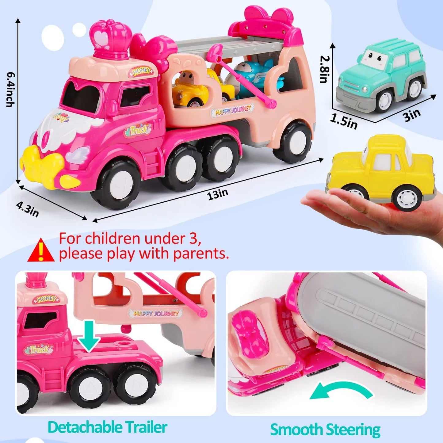 5 in 1 Carrier Car Toy Sets for Kids, Pink Princess Car Toys for Girls Toddlers Kids 2 3+, Child Play Birthday Gifts Christmas Gift Toys for Girls Party Favors